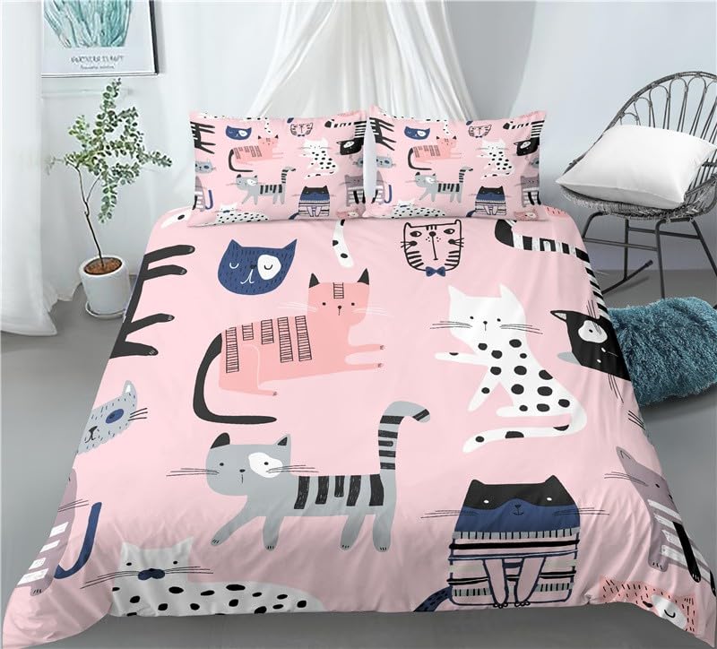 Funda Nordica Cama 90 Dibujo Sencillo de Gato sobre Base Rosa Juego de Funda Edredon 135x200 cm...