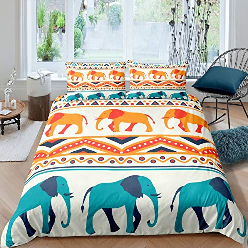 - Juego de cama con dise&ntilde;o de elefante, estilo bohemio, ex&oacute;tico, funda de edred&oacute;n para ni&ntilde;os y...