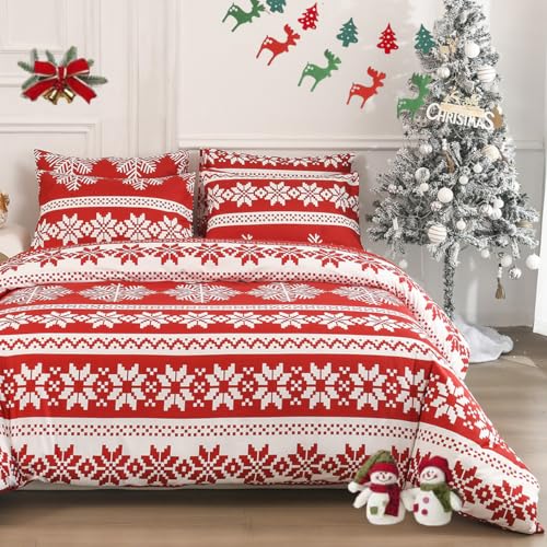 DXHOME Juego de ropa de cama de Navidad de 135 x 200 cm, dise&ntilde;o de copos de nieve, color rojo,...