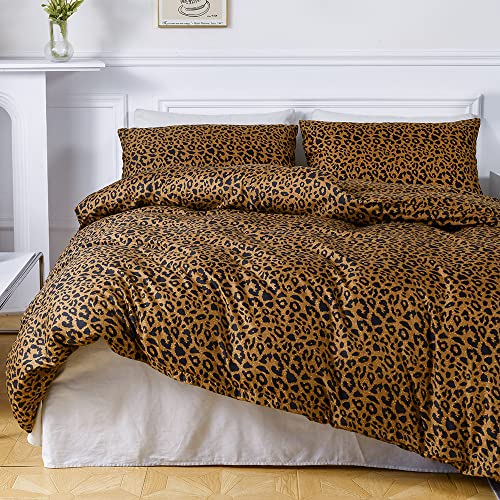 Juego de ropa de cama Leopard 135 x 200 cm, 2 unidades, color marr&oacute;n, amarillo y dorado, estampado...
