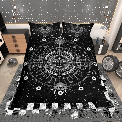 Bohemia - Juego de ropa de cama con estampado de sol y luna, color blanco, negro, bohemio, bohemio,...