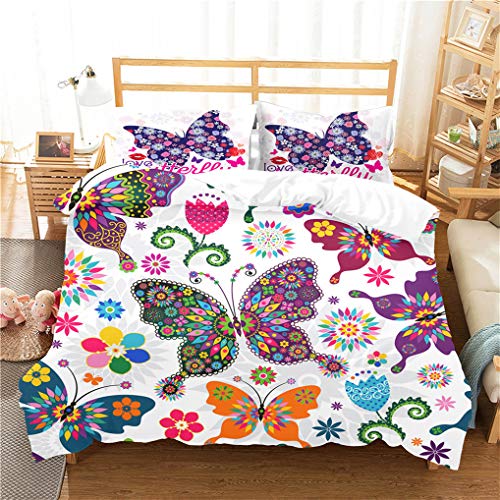HNHDDZ Mariposa 3D Impreso Cama 150, Funda N&oacute;rdica 220x240 + 2 Funda de Almohada 50x75, Ni&ntilde;a Flor...